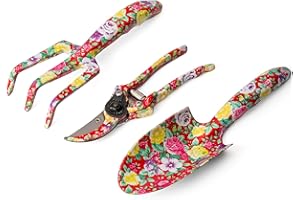 GARTOL 3-teiliges Gartenwerkzeugset - Aluminium-Gartengeräte mit Blumendruck - Kelle, Grubber, Schnittschere und Exquisite Verpackung, Geschenkset für Gartenbedarf