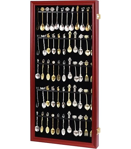 Vitrine à Cuillères En Bois Massif - 60 Emplacements - Porte En Verre Avec Charnières Laiton - Fond Feutre Noir - Accroche Murale - 2