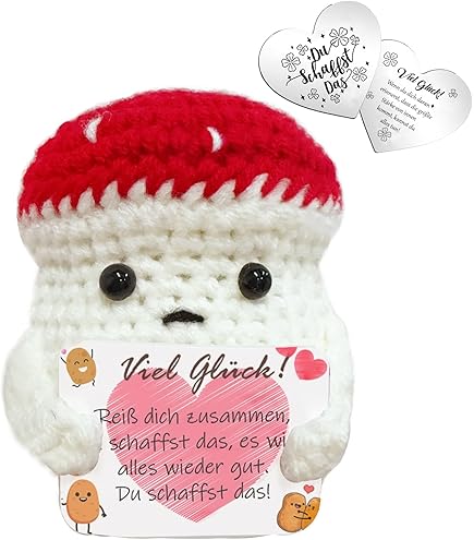 BOXOB Gestrickter Pilz 8,5cm - Süße Pilzpuppe Mit Motivationskarte Als Geschenk