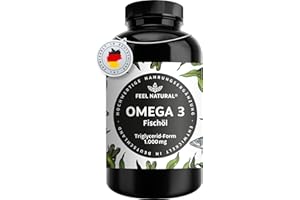 ‎FEEL NATURAL Omega 3 Kapseln hochdosiert - Jahresvorrat 365 Stück - Nur 1 Kapsel täglich - Essentielle Omega 3 Fettsäuren EPA & DHA - Fischöl Kapseln aus nachhaltigem Fischfang, ohne unnötige Zusätze