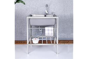 KUKIXO Spüle Edelstahl,Edelstahl Waschbecken für den Außenbereich,Outdoor Garage Garten Camping Keller Ausgussbecken mit Backsplash Abfluss Sieb,Spülbecken mit Warm Kaltwasserhahn (Color : Single cold, Si