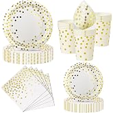 Nkaiso Disposable Plates and Cups, 50 Pieces White Gold Party Tableware, 10 x 23 cm &amp; 10 x 18 cm Cardboard Plates, 10 Cups, 2