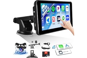 OILIEHU 2+32G Android 13 Portable Car Screen with Wireless CarPlay Android Auto, 7 '' Touchscreen Portable Car Stereo with AirPlay/Mirror Link/WiFi/GPS/Bluetooth/FM Transmitter + 64G TF Card & Backup Camera