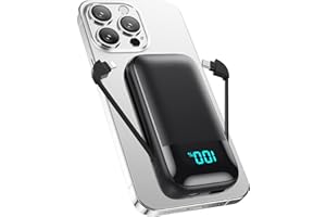 QTshine Batería Externa 13800mAh, Ultra Compacto Power Bank con Cables Integrados, USB C 3A Carga Rapida Cargador Portáti Powerbank con Pantalla LED para iPhone 15/14/13/12 Pro MAX Samsung iPad etc