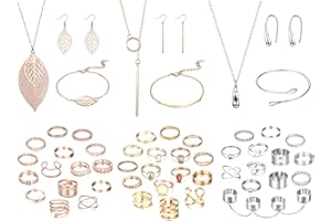 Kakonia 52 PCS Jewellery Set with 3PCS Necklace, 3PCS Bracelet, 3Pairs Dangle Earring, 43PCS Knuckle Rings Gold Silver Rose Gold Jewellery Sets for Women Valentine Birthday Gift