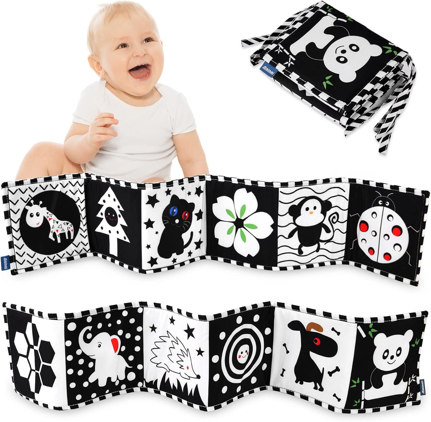 Vicloon Jouet sensoriel noir et blanc pour bébé, livre en tissu pliable à contraste élevé pour éducation précoce, pour nouveau-né de 0 à 3 mois et 3 à 6 mois, garçons et filles