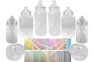 Truly Sweet Candy 8 tarros vacíos de plástico para dulces, 2 pinzas y 50 bolsas, 11 colores a elegir, simplemente añade dulces para crear tu mesa de dulces (negro)