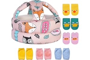 Umtiti Adjustable Safety Helmet, Lightweight Soft Infant Head Protector with Knee Pads & Socks - Forest Pink