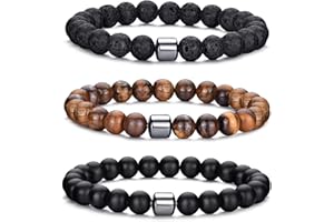 MOROTOLE Pulsera Hombre Pulsera de Cuentas de Piedra Natural de Ojo de Tigre de 8 mm Pulseras de Roca de Lava Elásticas Ajustables para Hombres Regalos para Padre Novio Hermano