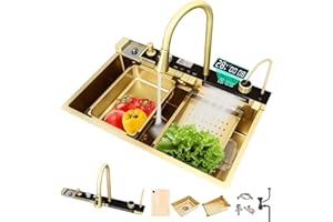 NOYHHAV Fregadero de cocina Multifuncional, fregadero digital en cascada con lava tazas, dispensador de jabón, flujo de agua en cascada, drenaje en encimera. (Oro, 68x46x21CM)