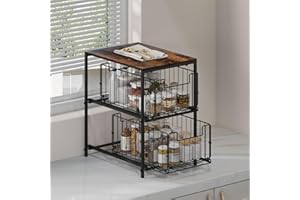 Meltrck Estante para especias, Estante de Almacenamiento Para Cocina, Organizador de Cocina, Cajón Deslizante de 2 Niveles, Almacenamiento de Escritorio, Para cocina, Sala de estar(Marrón Rústico)