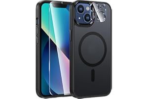 FNTCASE pour iPhone 13 Coque: Magnétique Coque pour iPhone 14 Etui Translucide Mat Arrière Housse Fine Antichoc coaue, 1 Protection écran & 1 Caméra Protecteur,Noir