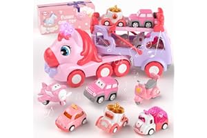 usrela Toys for 1 2 3 Year Old Girl Truck, 7-in-1 Girl Carrier Truck Car with Light & Sound, Toddler Girl Car Toys Age 1-3 2-4, Unicorn Toy Cars for 1 2 3 Year Old Girls Birthday