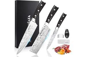 MOSFiATA Ensembles de Couteaux de Cuisine，3pcs Couteaux Set Couteau Nakiri Couteau à Base de Couteau de Piratage en Acier Inoxydable en Carbone Haute Qualité