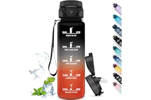 Grsta Borraccia 1 Litro, Borraccia Palestra Senza Perdite, Motivazionale con Scala Temporale, Bottiglia con Cannuccia, Facile da Pulire, Borraccia per Sport, Fitness, Ciclismo, Nero-Rosso