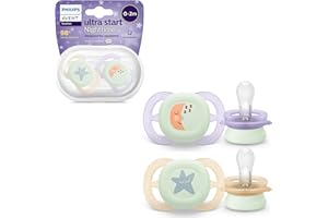 Philips AVENT Ultra Start Schnuller für die Nacht, kiefergerecht geformter Schnuller für Neugeborene, leuchtet im Dunkeln, BPA-frei, mit Sterilisationsbehälter, Doppelpack, Mond,Stern, SCF075/07
