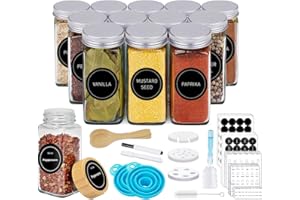 shirylzee 12 Piezas Botes Especias Cristal 120ml Botes para Especias Tarros Especias Cuadrados Frascos con Tamiz, Etiquetas, Embudo,Cepillo Limpieza para Organizador Especias, Especieros para Cocina