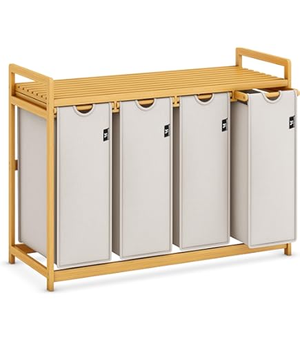 Cesto Portabiancheria SONGMICS In Bambù - 3 Scomparti, Piano Portaoggetti, Tasche Laterali - Bianco Crema - Foto 6