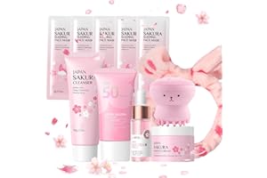 DONGCILL Kit per la Cura della Pelle Sakura 11 Pezzi,Include Fascia skincare, Spazzola per il viso,Pulizia,Crema solare 50,Essenza,Crema,Maschera per la notte (x5),Sakura Skincare Set per Ragazze Donne