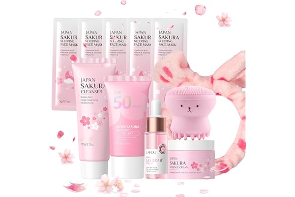 Sakura Ensemble de Soins de la Peau 11 Pièces,Avec Bandeau,Brosse visage,Nettoyant,Crème solaire 50+,Essence,Crème,Masque visage 5,Coffrets de soins pour la peauConvient à Tous Types de Peau
