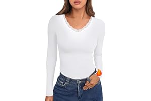 Crewhpo Womens Thermal Tops Long Sleeve Thermal Vest Lace V Neck Base Layer Lightweight Thermal Underwear Shirt Slim Fit
