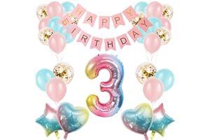 Apradas Baby Girl 3rd Birthday Decorations Gradient color Age 3 Birthday Balloons with Happy Birthday Banner for Baby showers Third Birthday Party Supplies for Girls Boys (3rd-Birthday)