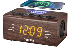 Gelielim Bedside Wooden FM Radio Alarm Clock With Bluetooth Speaker, 10W Fast Wireless Station, USB Charging Port, Dual Stereo Speakers, Auto Time Setting, Dimmable LED Display, Mains Powered
