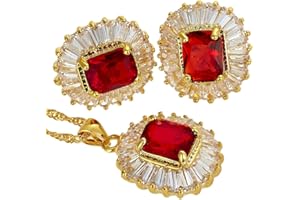 RIZILIA FIORIRE Parure di Gioielli Pendente con 18" Catena & Perno Orecchini Taglio Rotondo CZ [5 Colori Disponibili] in Placcato Oro Giallo, Semplice Ed Elegante Moderno