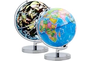 Exerz 23cm Globe Lumineux - Carte en Français- Globe Terrestre Support en Métal - Carte Politique (Jour) - Etoiles et Constellations (Nuit) - Lampe LED sans câble - Amusant et éducatif