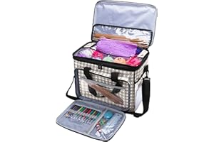 Teamoy Sac Fourre-Tout pour le Stockage de la Laine, Sac à Tricoter/Crochet avec Poches Multiples, Sangle à Poignée et à l'Epaule, Points Gris