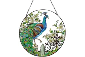 Zayookey Peacock Stained Glass Decor Window Hangings Ornament Peacock Suncatcher Panel Colorful Hand Painted Glass Wall Hangings Decorations for Garden Indoor Window