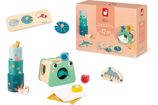 Janod - Box Jeux Bébé 1 an - Jouets d'éveil avec Puzzle pour Affiner sa Motricité - Jeu Sensoriel Bébé - Forme à l'Eveil du Nouveau-Né - Boite à Formes - Jouet Enfant 1 an et + - J04063