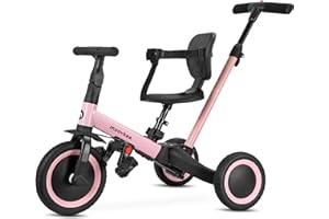 MOOVKEE. Dreirad ab 1 Jahr mit Schubstange 6in1 - Rosa Laufrad - Dreirad mit Schubstange - Baby Fahrrad ab 1 Jahr - Fahrrad Kinder - Laufräder - Sicherheit Lauflernrad für Ihr Kind Dank 3-Punkt-Gurt