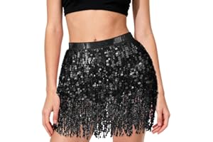AYBUY Glitzer Rock Damen, Pailletten Quasten Rock, Paillette Fringe Mini Röcke, Bauchtanz Hüftschal, Fransenrock für Karneval, Halloween, Maskerade und Party