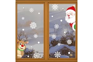 DESDIRA Pegatinas Navideñas para Ventanas 147pcs, Pegatina de Copo de Nieve Papá Noel Alce Linda Doble Cara Visible Adhesivo Navideños, Pegatinas de PVC Adhesivas Estáticas Reutilizables de Doble Cara
