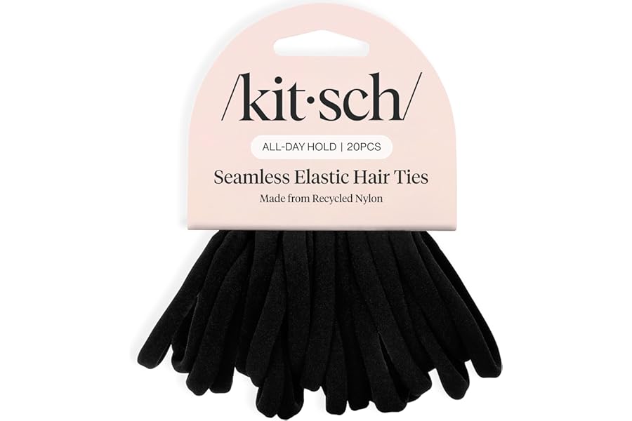 Kitsch Black Hair Ties 20pcs No Damage - Hair Bands for women - Strong Stretchy Hairbands & Hair Bobbles - Soft Nylon Hair Elastics, Snag-Free Rubber Bands for Updos & Braids