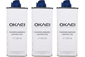 ‎OKAEI OKAEI Feuerzeugbenzin 125 ml – Hochreines Benzin für Feuerzeuge & Stabfeuerzeuge – Saubere Verbrennung, Schnelles Zünden, Geringer Geruch – Packung mit 3 Stück – Made in EU