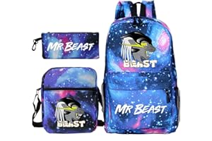 SHOSTYY 3Pcs/Set Mr Beasts Cartoon Kids School Backpack Anime Backpack Casual Travel Rucksack Boys Girls with Messenger Bag Pencil Bag