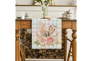 COFLINK Happy Easter Bunny Table Runner, Spring Seasona Linen Easter Tablecloth with Cute Patern, Kitchen Dining Table Cloths for Home Party Decorations (Multicolor-Rabbit Ears, 13-36 Inch)