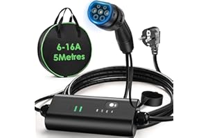 FNRIDS Cargador Coche Electrico, Cargador EV Tipo 2, 6/10/13/16A Ajustable Cargador Coche Carga Rapida, IP65, IEC 62196-2, 5 Metros Cable Cargador de Coche Eléctrico Portátil con Schuko y Bolso