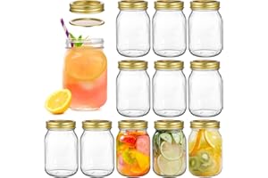 Tebery Paquete de 12 tarros Mason de 16 onzas con tapas regulares y bandas, tarros de vidrio para mermelada, miel, recuerdos de boda, regalos de ducha, alimentos para bebés