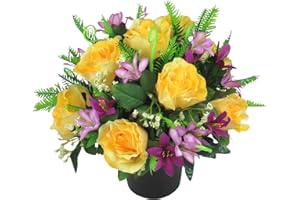 JUST BECAUSE SILK FLOWERS Artificial/Silk Flower Arrangement in Grave Pot, with yellow roses and purple lilies 24cm