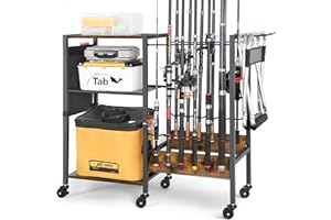 Bikoney Carrito de soporte para caña de pescar con capacidad para 12 postes con ruedas, organizador de aparejos para garaje, hogar o entrada, estante de almacenamiento de equipo rodante para hombres