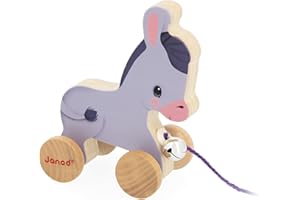 Janod - Ane à Promener en Bois avec Clochette - Jouet d'Eveil à Tirer et Pousser - Apprentissage Motricité et Imagination - Ficelle 50cm adaptée aux Petites Mains - Certifié FSC - Dès 12 Mois, J03323
