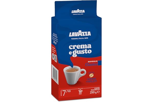 Lavazza, Crema e Gusto Classico, Café Molido Natural, Ideal para Cafetera Italiana, de Filtro y Francesa, con Notas Aromáticas de Especias, Arábica y Robusta, Intensidad 7, Tueste Oscuro, 250 g
