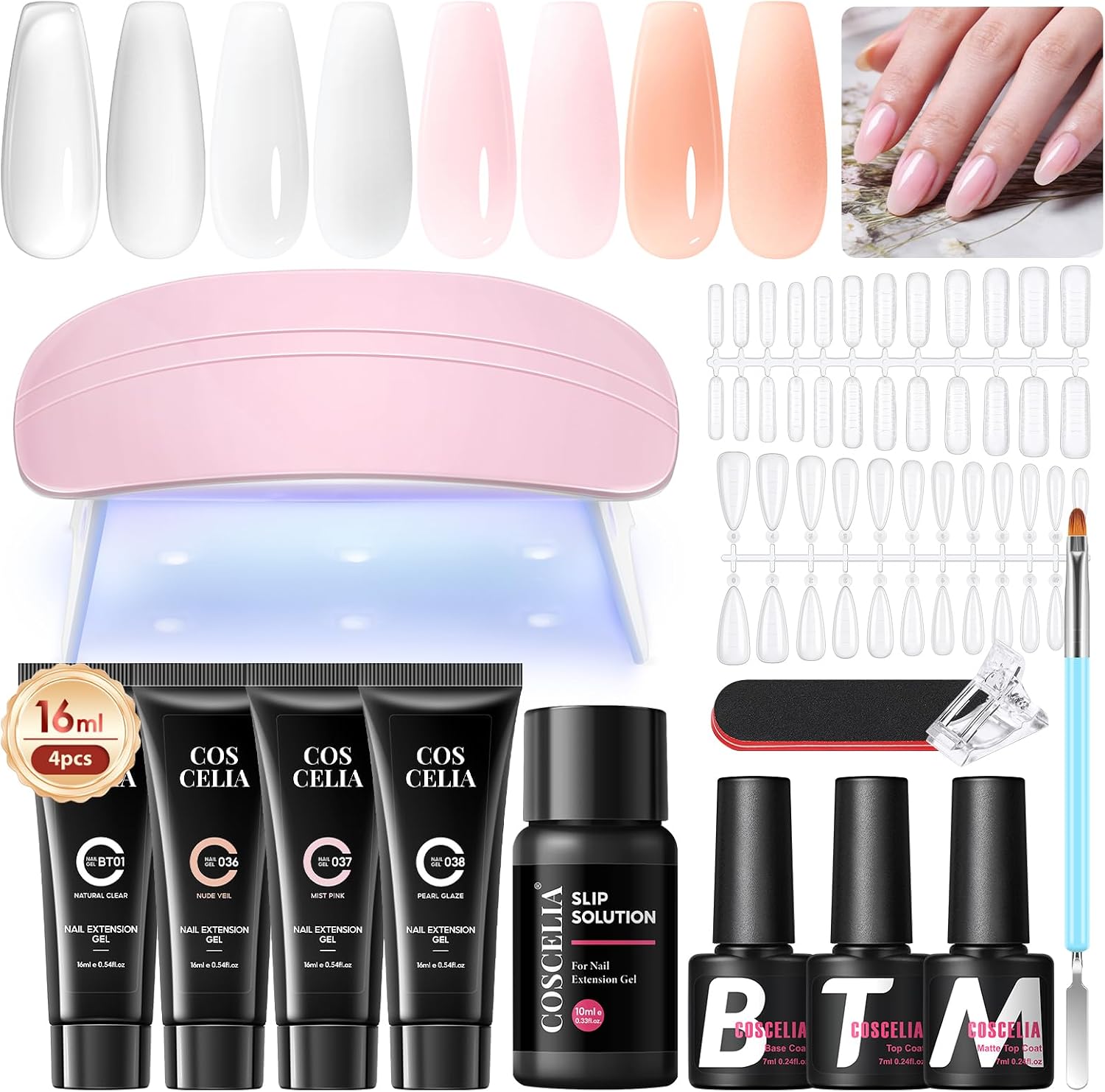 COSCELIA Gel Extensión de Uñas Kit, 4 * 16ml Poly Nail Gel Para Uñas Con Lampara Uñas y Slip Solution,Base Top Coat y Molde para uñas,Uñas Poligel Kit Completo para DIY