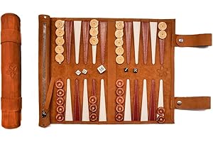 Melia Games Backgammon roll up, travel backgammon made of the finest real nubuck leather with handmade wooden tokens. Colour: Brown.