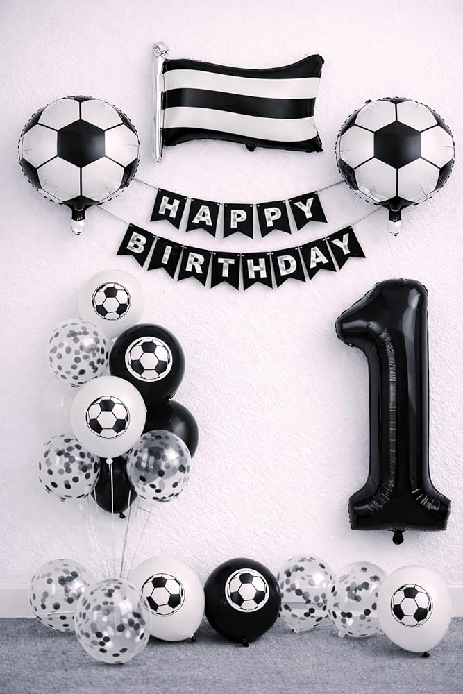 1 Yaş Siyah Beyaz Futbol Temalı Doğum Günü Balon Seti