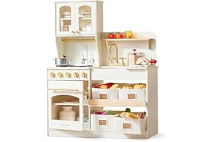 Tiny Land Cuisine Enfant en Bois Tiny Land avec Accessoires, Cuisine de Jeu avec évier, cuisinière, réfrigérateur et étagères