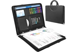 VEUWOLM Porte Document A4 en cuir avec fermeture éclair étanche avec classeur à anneaux, bloc-notes, porte-documents, porte-documents, porte-documents pour réunion d'affaires, Portfolio A4 en Simili Cuir Noir